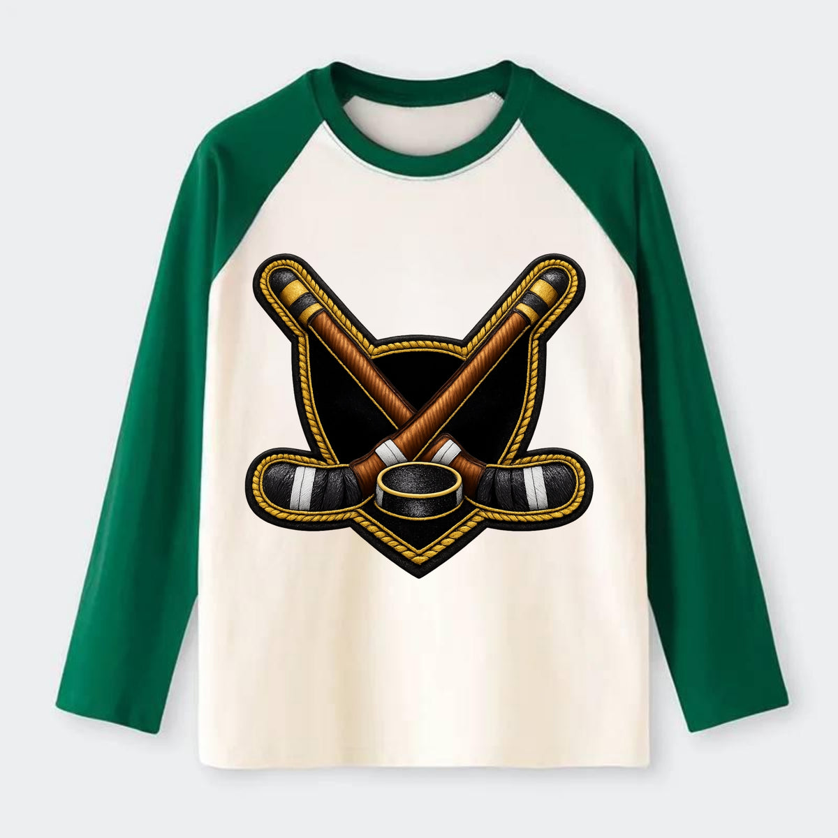 Embroidered patch design - HOCKEY CROSSED STICKS - ice hockey sticks - Raglan Long Sleeve T-Shirt - Green