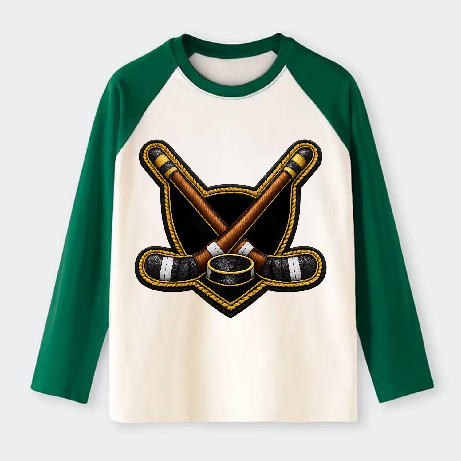 Embroidered patch design - HOCKEY CROSSED STICKS - ice hockey sticks - Raglan Long Sleeve T-Shirt - Green