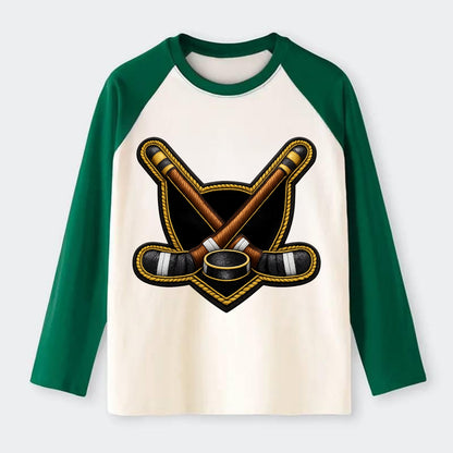 Embroidered patch design - HOCKEY CROSSED STICKS - ice hockey sticks - Raglan Long Sleeve T-Shirt - Green