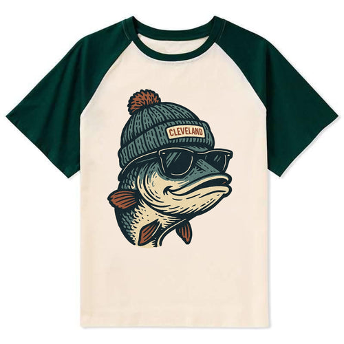 Cleveland Lake Erie Walleye wearing Cleveland beanie with pom pom and - Contrast Raglan T-shirt