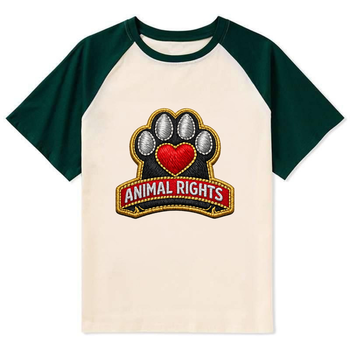 ANIMAL RIGHTS - raised paw with heart in red , advocacy - Contrast Raglan T-shirt - Green