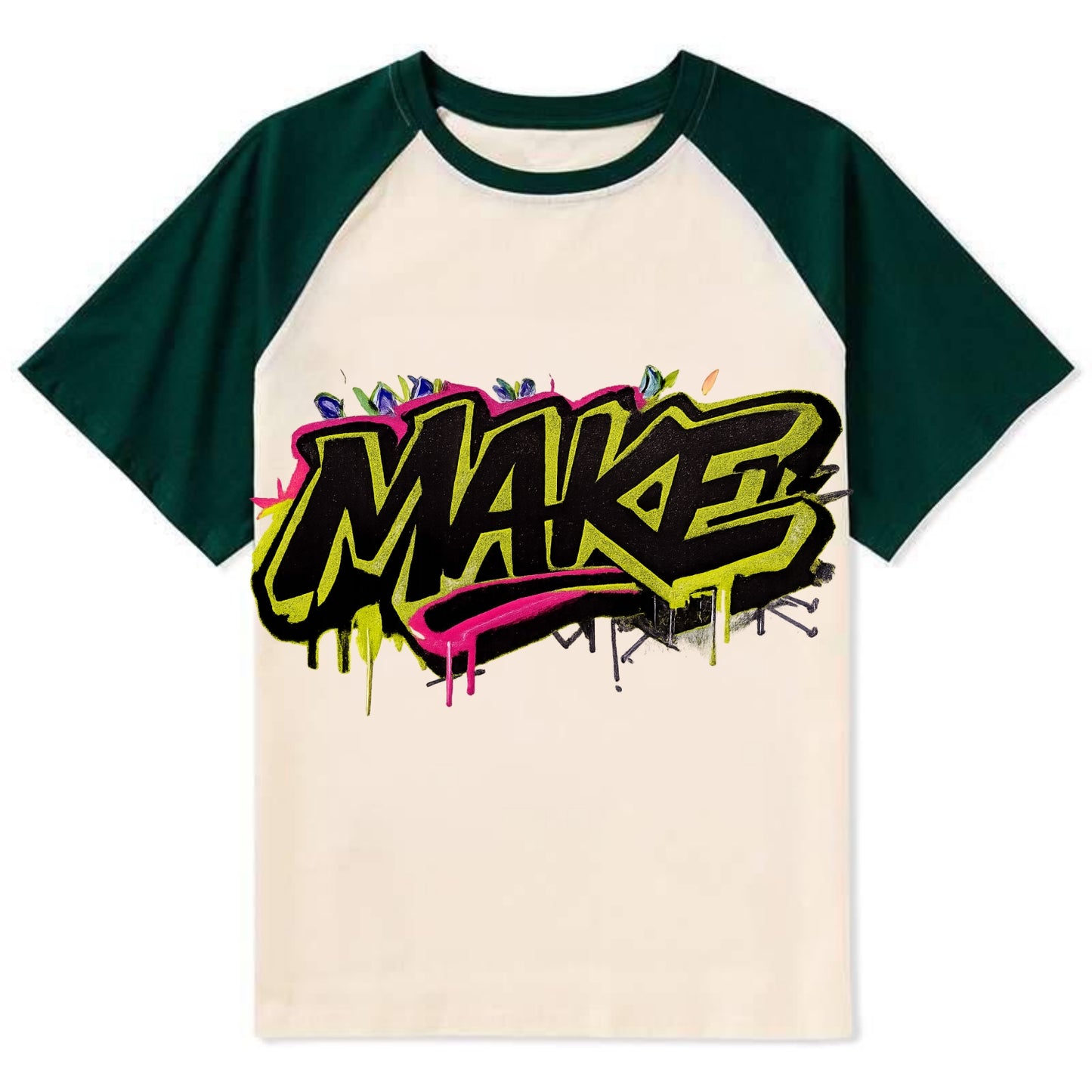 Bold typography design - "MAKE" - creating, producing, doing - Contrast Raglan T-shirt - Green