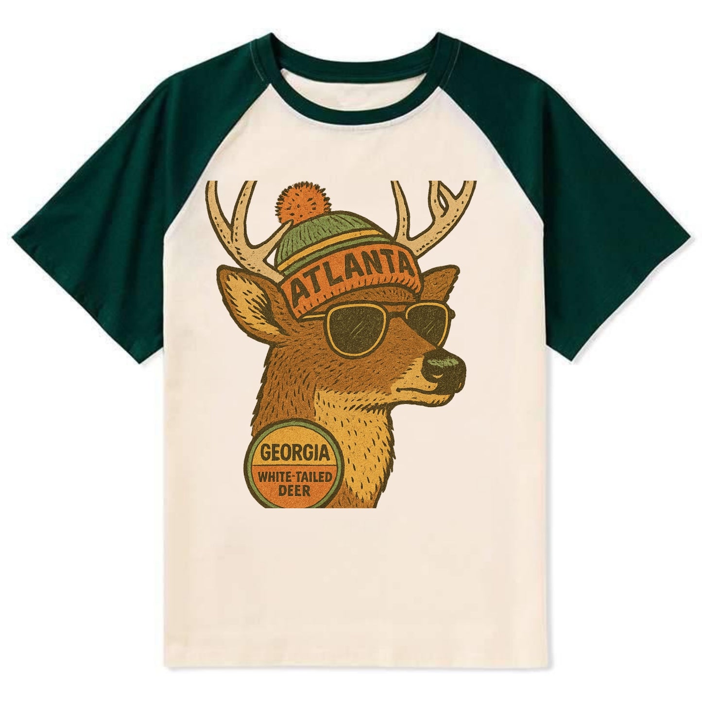 Georgia White-tailed Deer wearing Atlanta beanie with pom pom and - Contrast Raglan T-shirt - Green