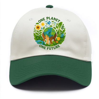 Globe surrounded by hands of all colors working together - "One Planet, One Future" - Two Tone Cap - Green