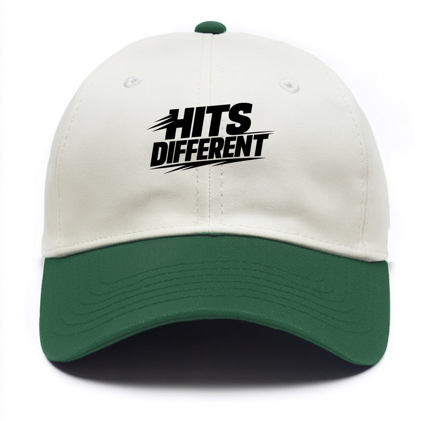 Bold typography design - "HITS DIFFERENT" - uniquely special, stands out - Two Tone Cap - Green