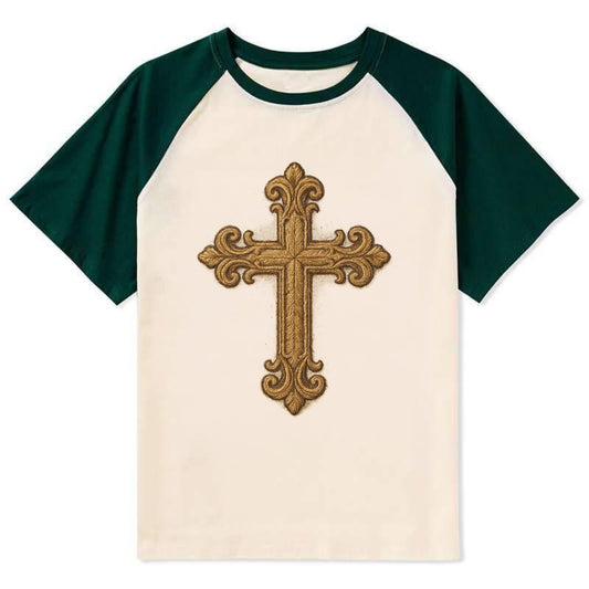 Baroque Cross  - Contrast Raglan T-shirt - Green