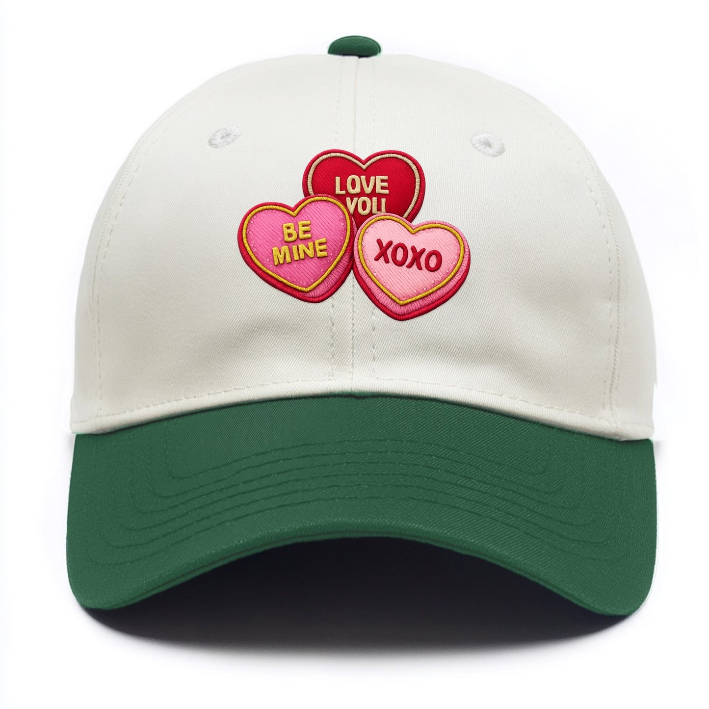 VALENTINES HEARTS - candy hearts in pink and red , love day - Two Tone Cap - Green