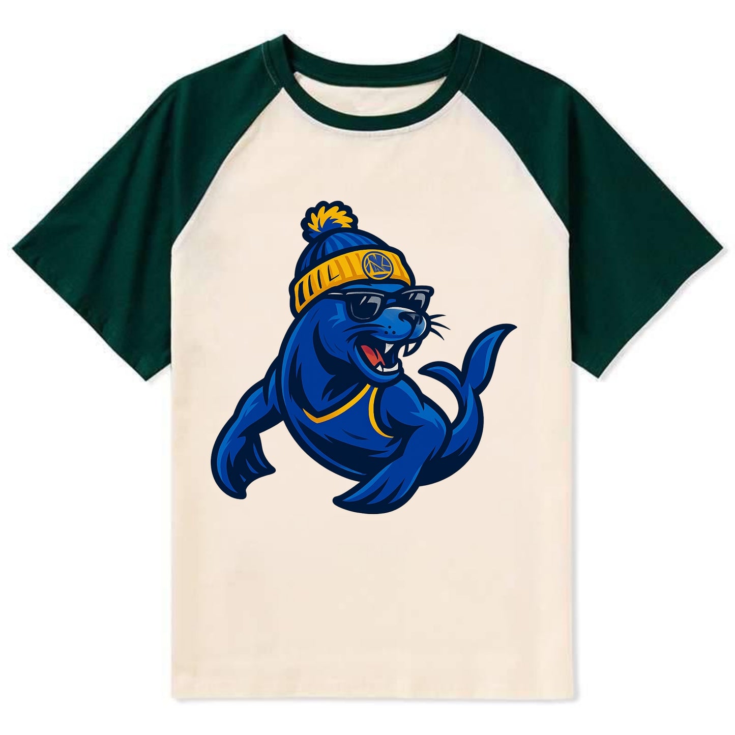 Bay Area Sea Lion wearing Warriors blue and gold beanie with Golden Gate - Contrast Raglan T-shirt - Green
