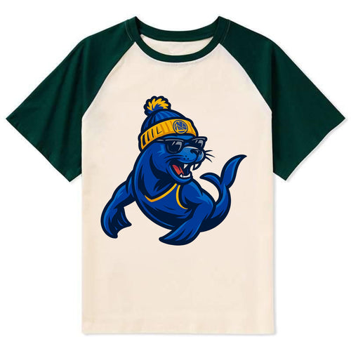 Bay Area Sea Lion wearing Warriors blue and gold beanie with Golden Gate - Contrast Raglan T-shirt