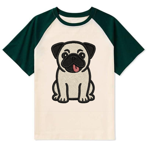 Pug - Tilted head with tongue out - Cont Contrast Raglan T-shirt