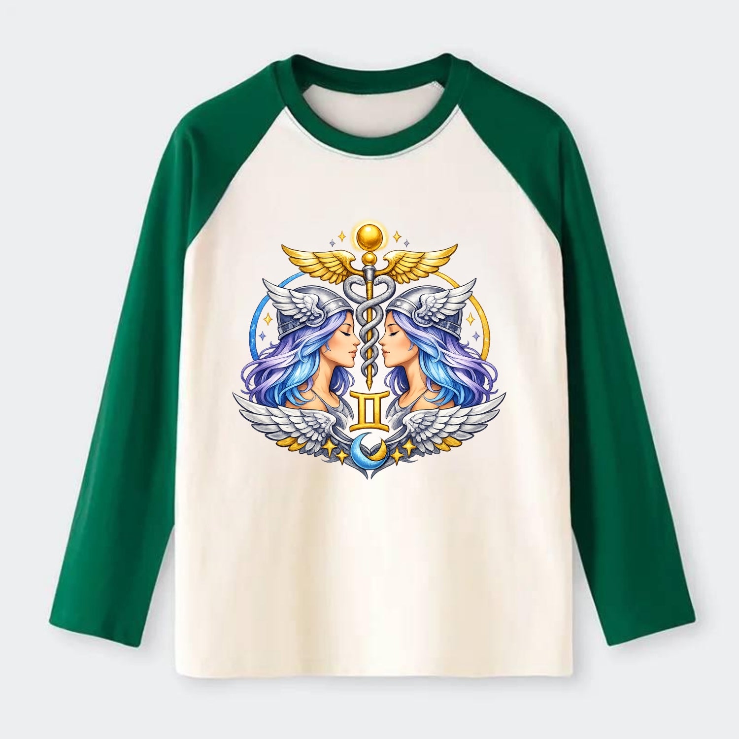 MERCURY WINGS | Winged messenger symbol | Caduceus staff | Swift - Raglan Long Sleeve T-Shirt - Green