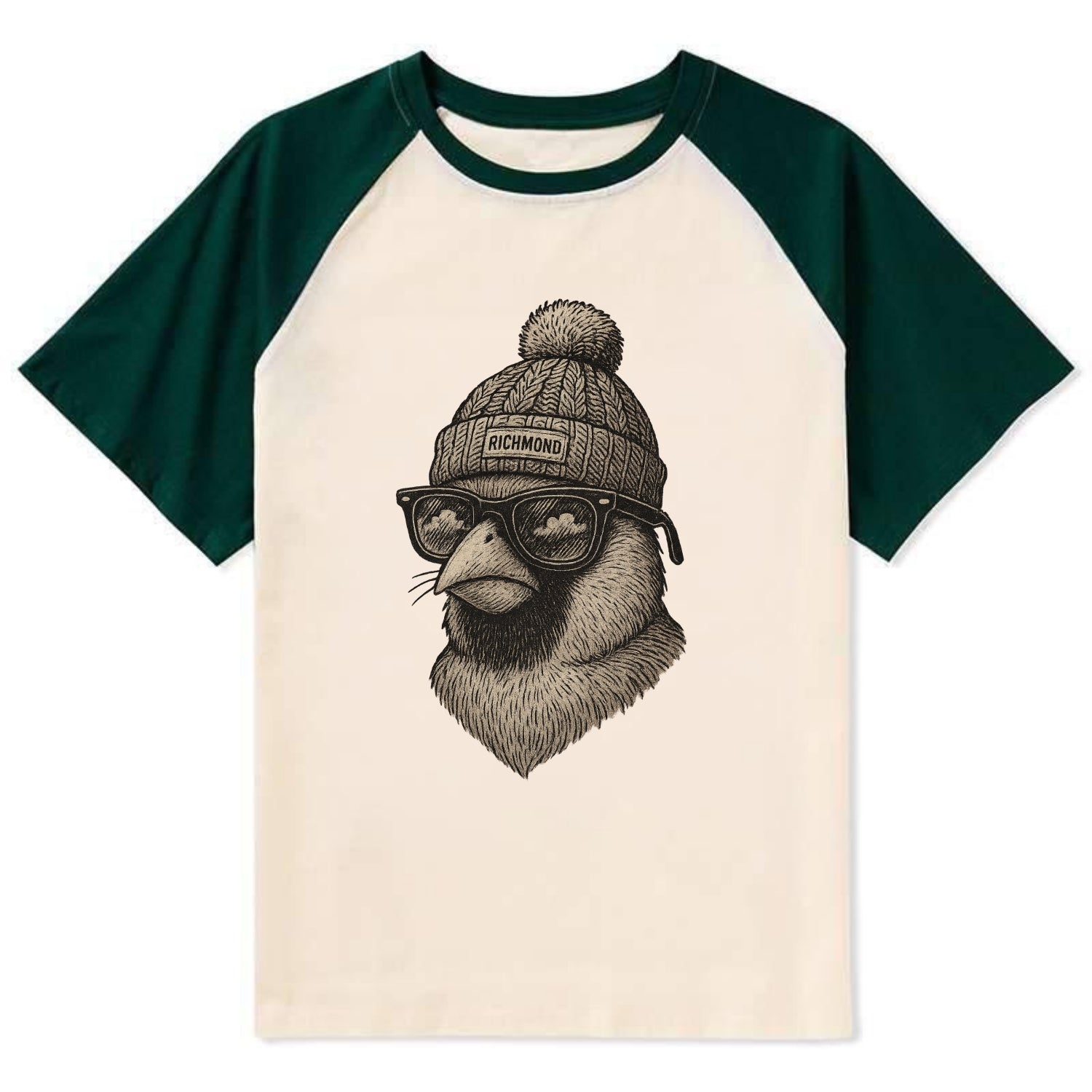 Virginia Cardinal wearing Richmond beanie with pom pom and wayfarer - Contrast Raglan T-shirt - Green