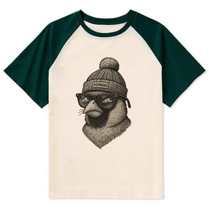 Virginia Cardinal wearing Richmond beanie with pom pom and wayfarer - Contrast Raglan T-shirt - Green