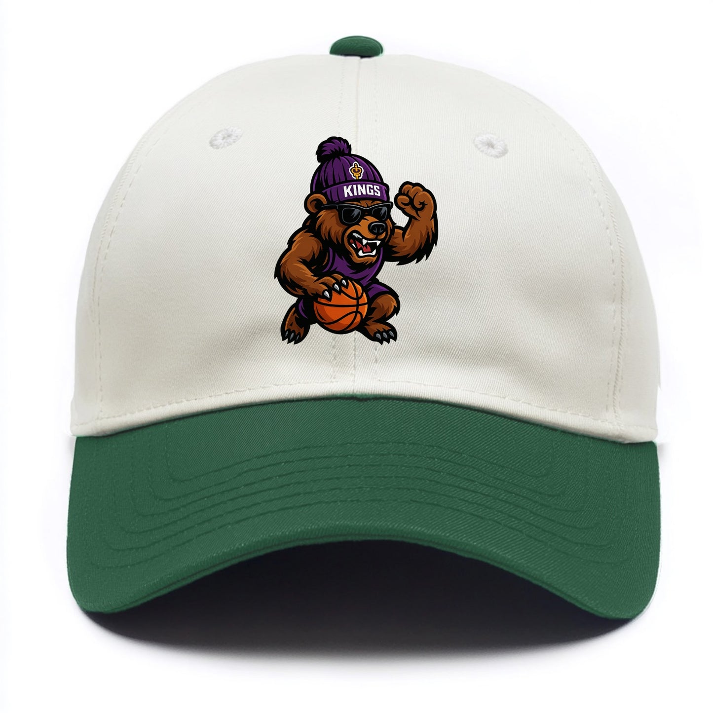 California Grizzly wearing Kings beanie with royal scepter patch and wayfarer - Two Tone Cap - Green