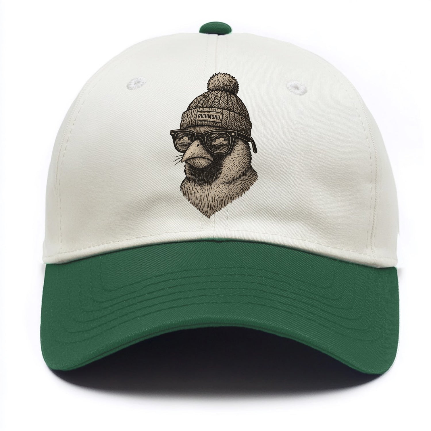 Virginia Cardinal wearing Richmond beanie with pom pom and wayfarer sunglasses - Two Tone Cap - Green