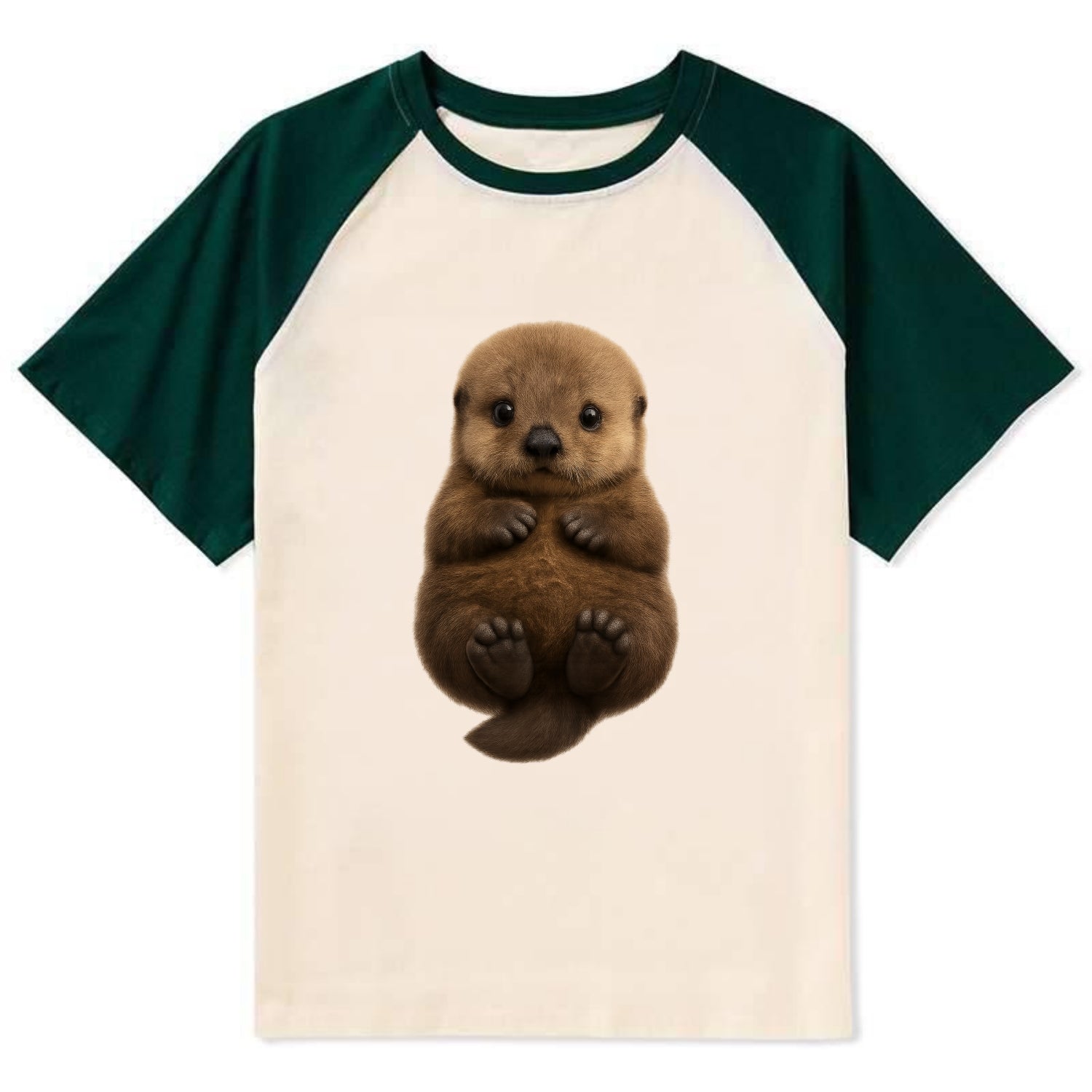 Baby Sea Otter - brown fluffy, floating on back, tiny paws, bright eyes, - Contrast Raglan T-shirt - Green