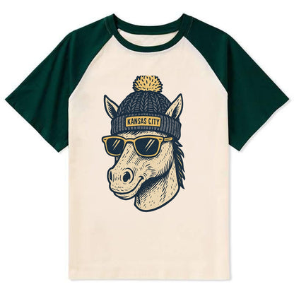 Missouri Mule wearing Kansas City beanie with pom pom and wayfarer - Contrast Raglan T-shirt - Green