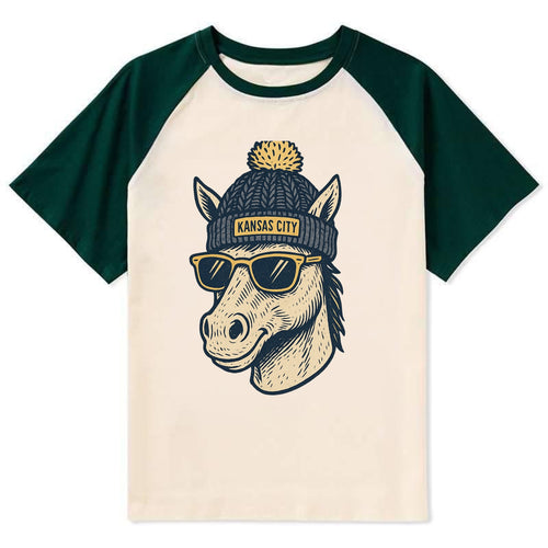 Missouri Mule wearing Kansas City beanie with pom pom and wayfarer - Contrast Raglan T-shirt