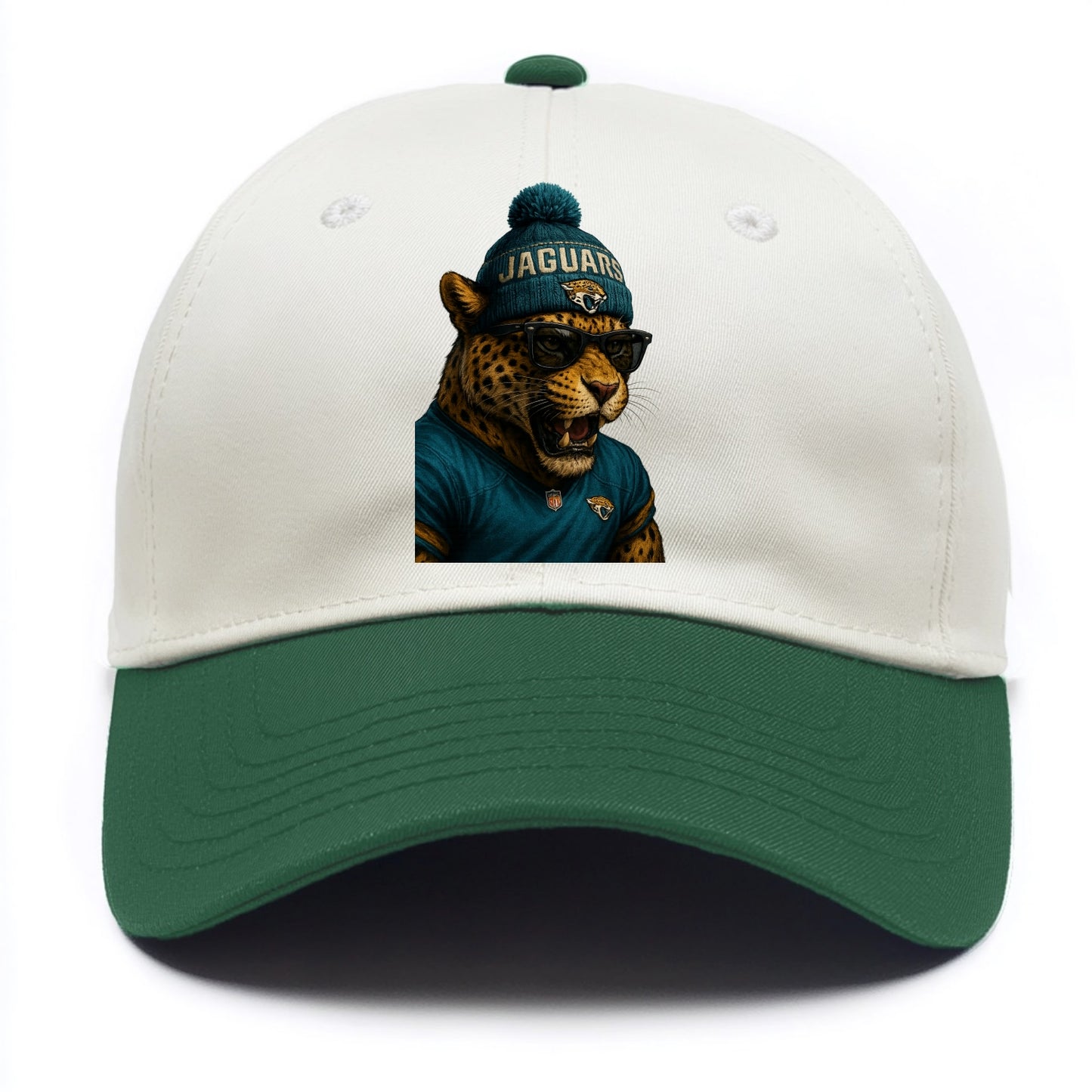 Jacksonville Jaguar wearing Jaguars teal and gold beanie with pom pom and wayfarer - Two Tone Cap - Green