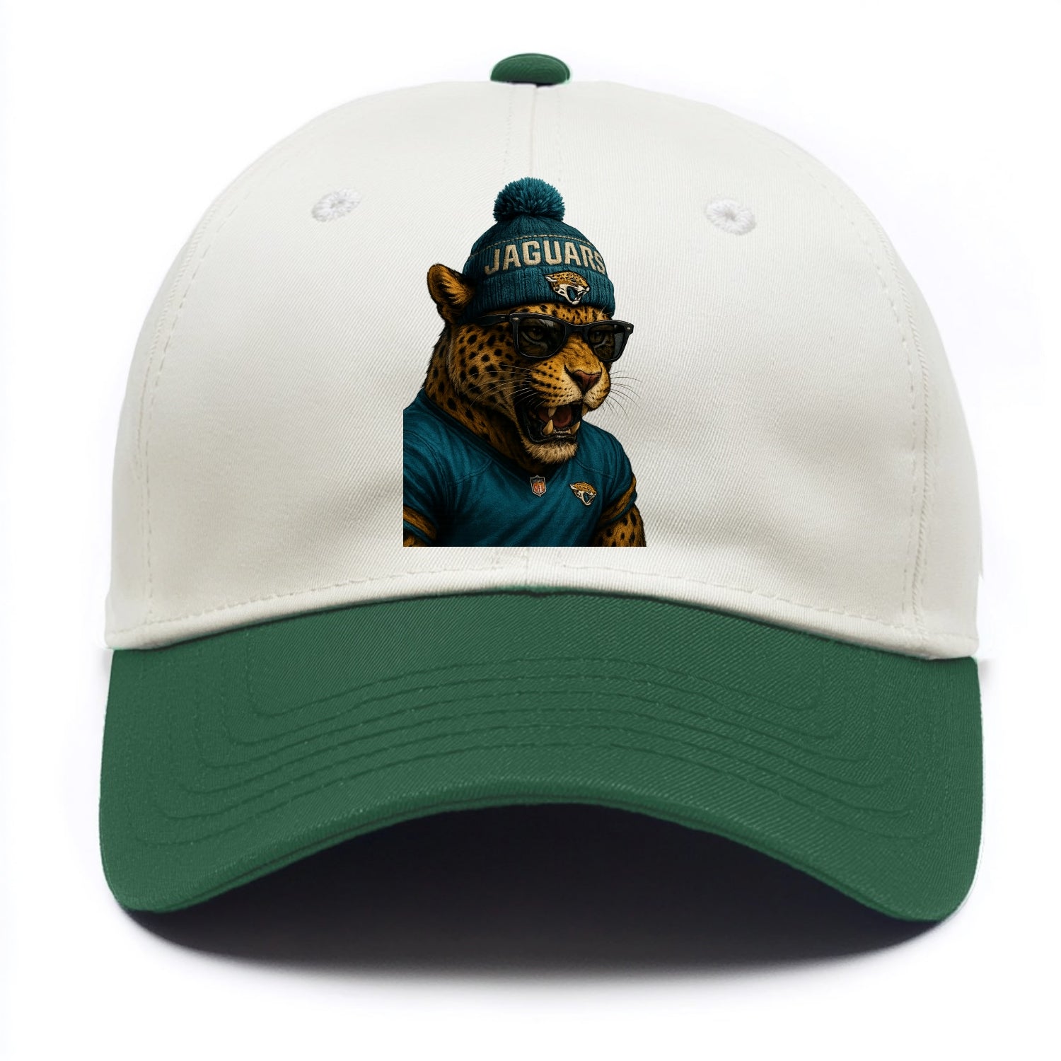 Jacksonville Jaguar wearing Jaguars teal and gold beanie with pom pom and wayfarer - Two Tone Cap - Green