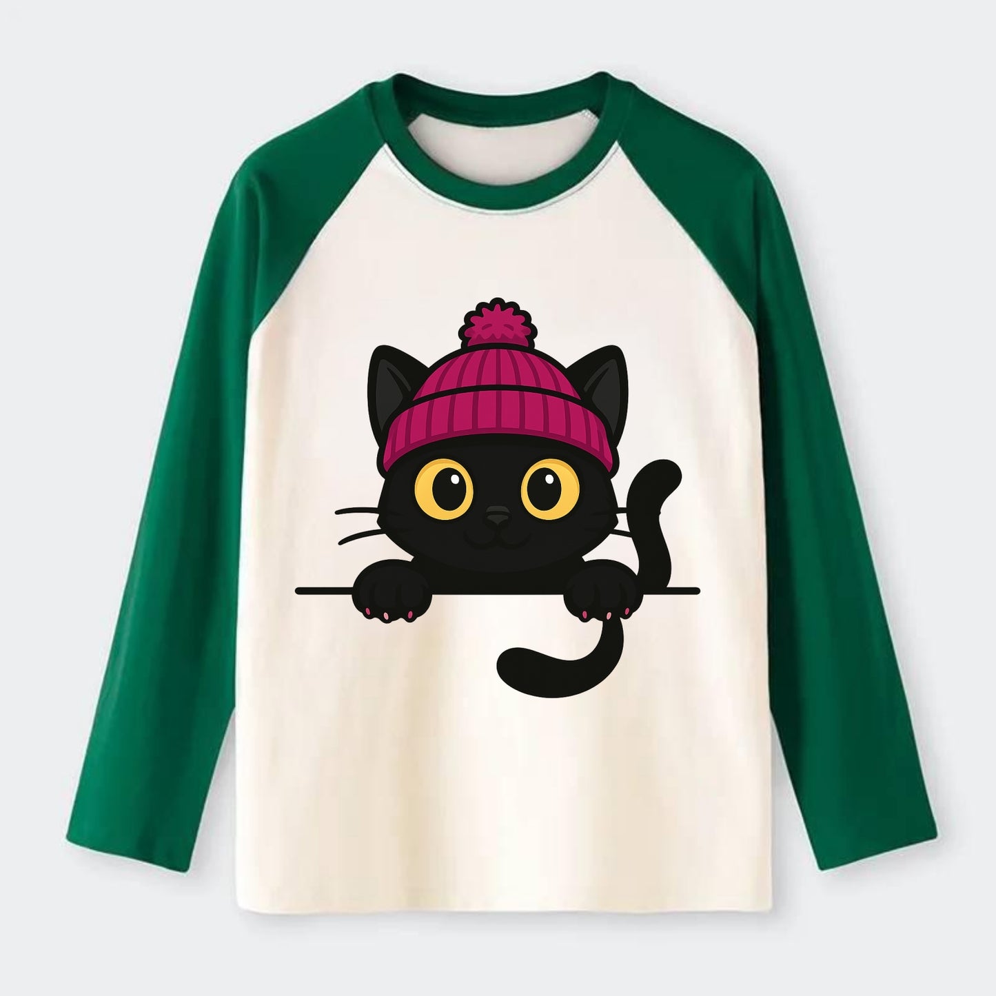 Midnight the black cat holding a tiny book labeled secrets against the - Raglan Long Sleeve T-Shirt - Green