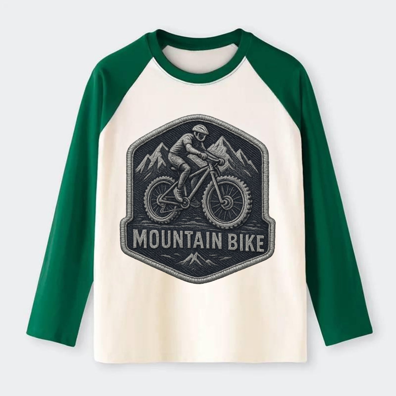 Mountain bike with rugged tires - cyclist badge - Raglan Long Sleeve T-Shirt - Green