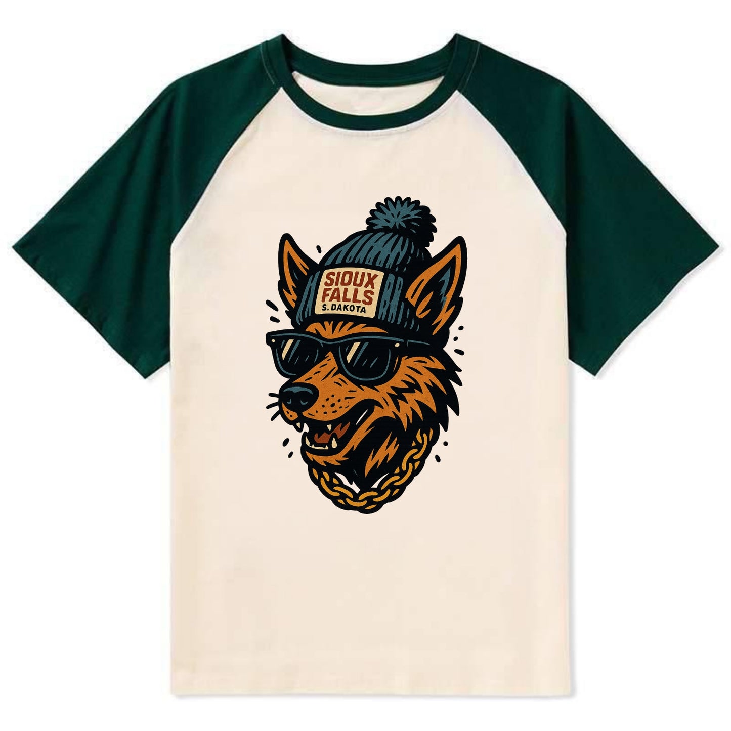 South Dakota Coyote wearing Sioux Falls beanie with pom pom and wayfarer - Contrast Raglan T-shirt - Green