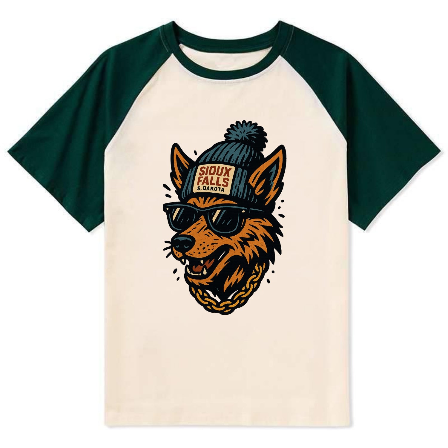 South Dakota Coyote wearing Sioux Falls beanie with pom pom and wayfarer - Contrast Raglan T-shirt - Green