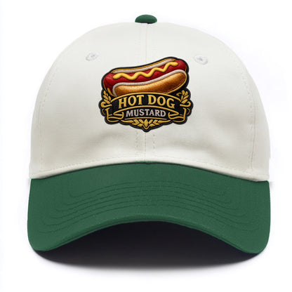 HOT DOG MUSTARD - classic hot dog in tan yellow red , ballpark food - Two Tone Cap - Green