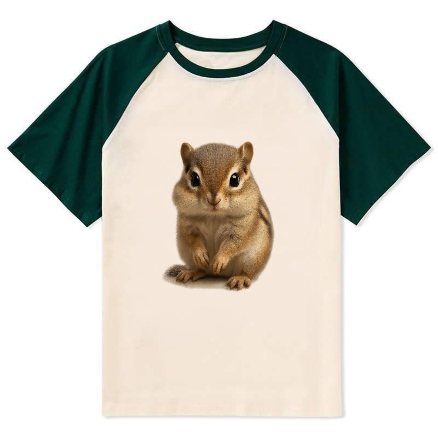 Baby Chipmunk - striped back, cheek pouches, tiny paws, bright eyes, - Contrast Raglan T-shirt - Green