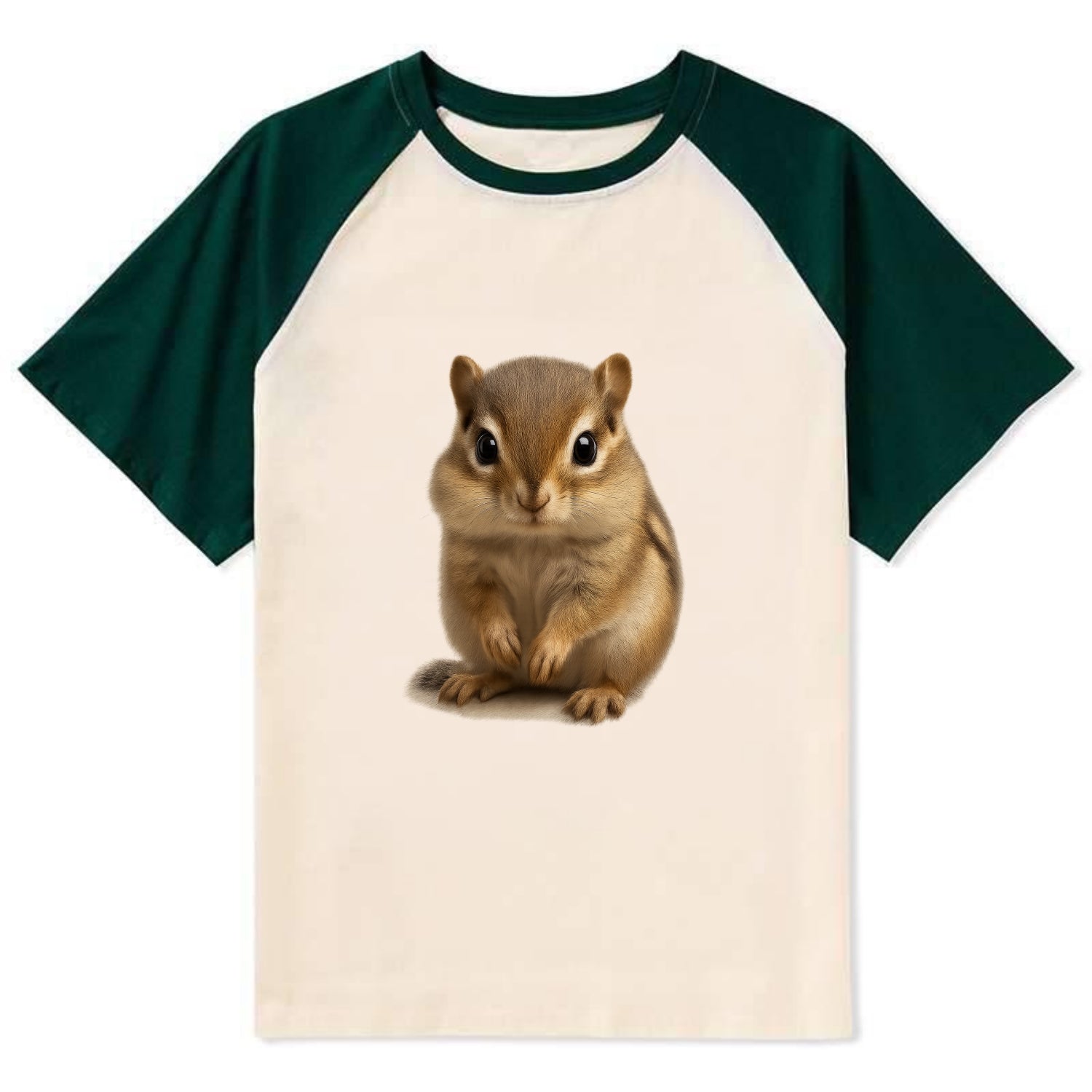 Baby Chipmunk - striped back, cheek pouches, tiny paws, bright eyes, - Contrast Raglan T-shirt - Green