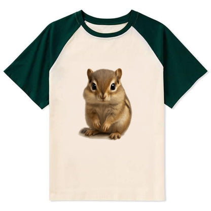 Baby Chipmunk - striped back, cheek pouches, tiny paws, bright eyes, - Contrast Raglan T-shirt - Green