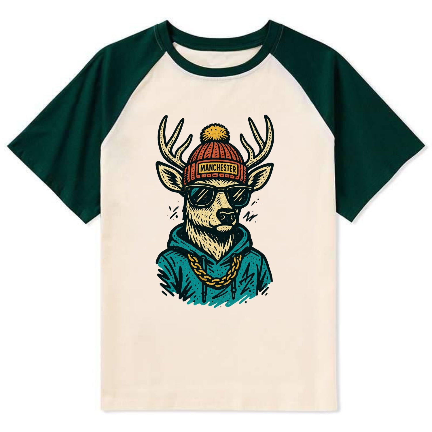 New Hampshire White-tailed Deer wearing Manchester beanie with pom pom - Contrast Raglan T-shirt - Green