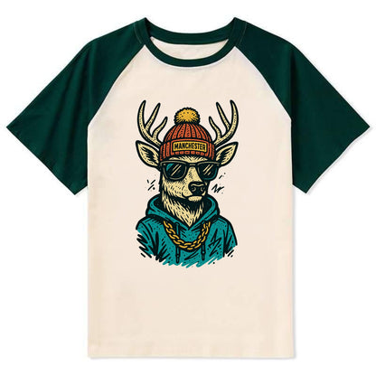 New Hampshire White-tailed Deer wearing Manchester beanie with pom pom - Contrast Raglan T-shirt - Green