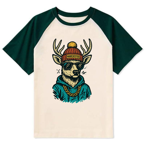 New Hampshire White-tailed Deer wearing Manchester beanie with pom pom - Contrast Raglan T-shirt