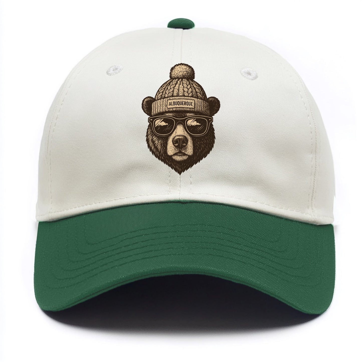 New Mexico Black Bear wearing Albuquerque beanie with pom pom and wayfarer sunglasses - Two Tone Cap - Green