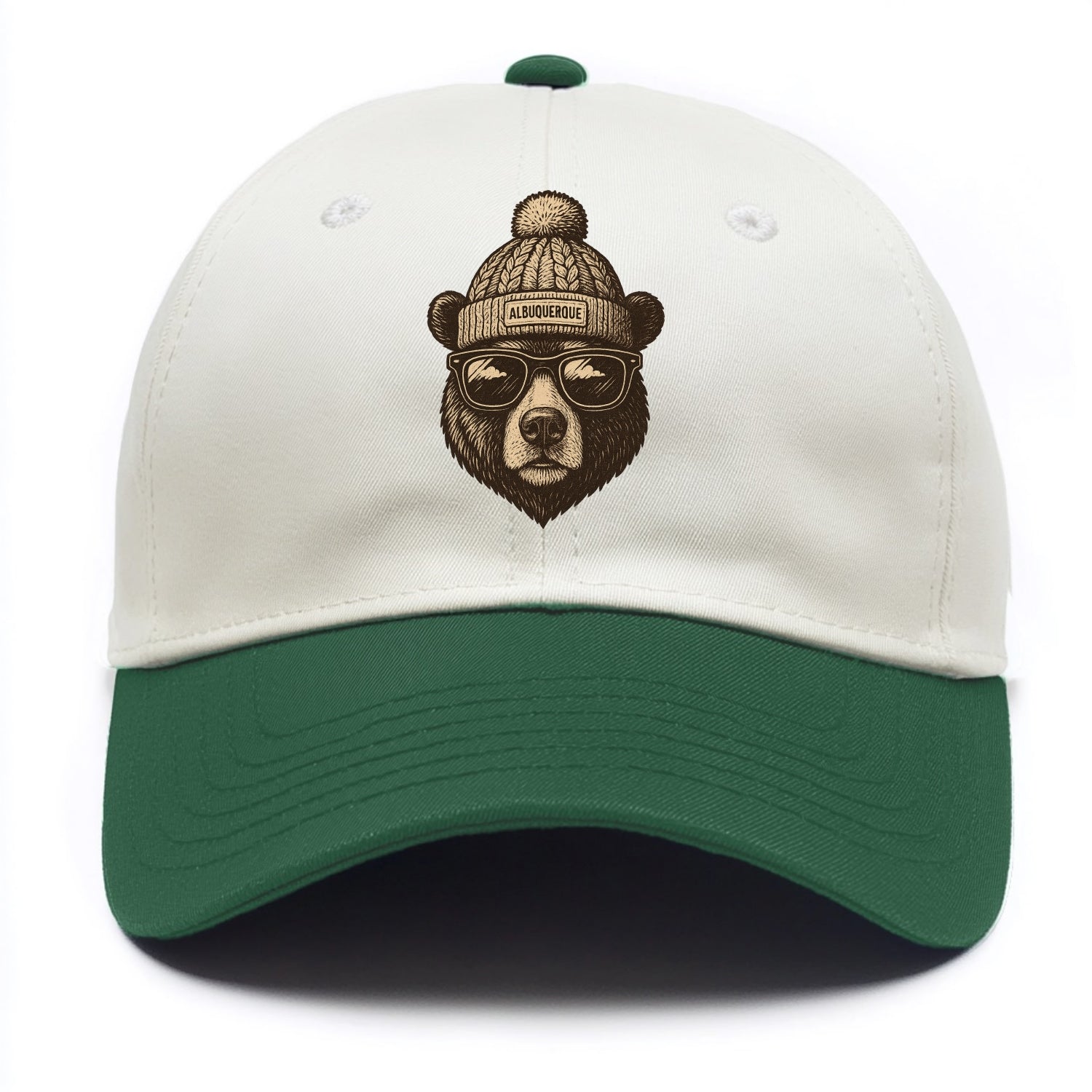 New Mexico Black Bear wearing Albuquerque beanie with pom pom and wayfarer sunglasses - Two Tone Cap - Green