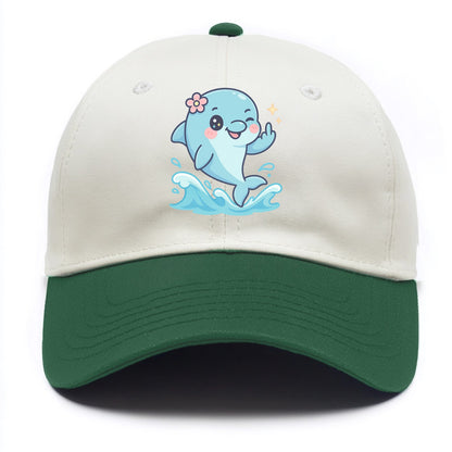 smiling dolphin jumping through ocean waves, one fin up with attitude - Two Tone Cap - Green