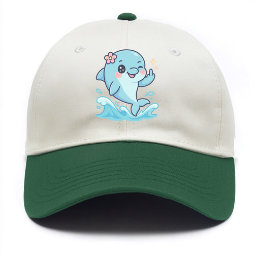 smiling dolphin jumping through ocean waves, one fin up with attitude - Two Tone Cap