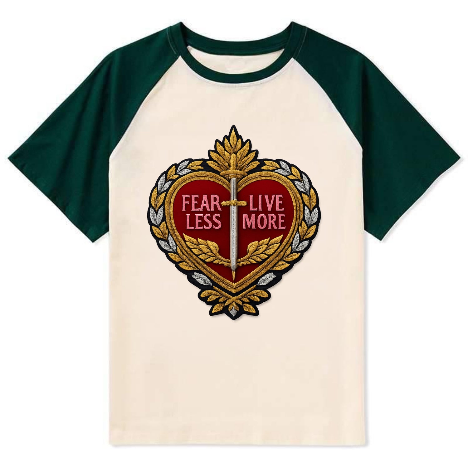 FEAR LESS LIVE MORE - heart with text in red , courage - Contrast Raglan T-shirt - Green