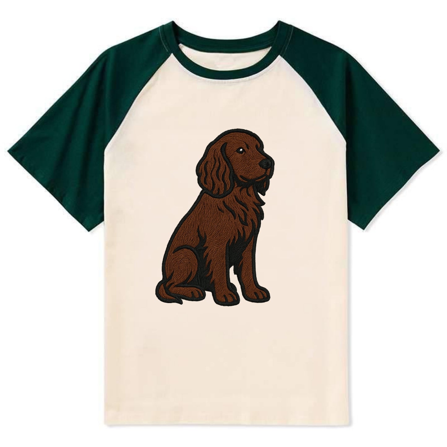 Field Spaniel - Liver colored embroidered sitting design - Contrast Raglan T-shirt - Green