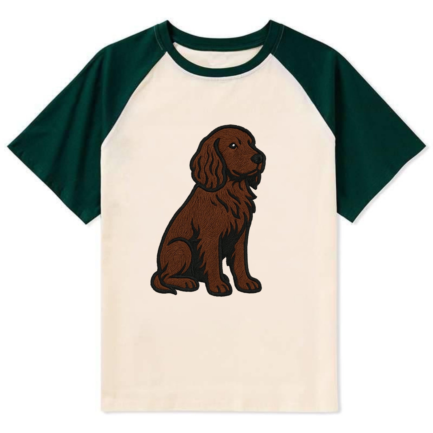 Field Spaniel - Liver colored embroidered sitting design - Contrast Raglan T-shirt - Green