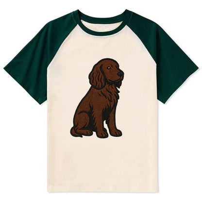 Field Spaniel - Liver colored embroidered sitting design - Contrast Raglan T-shirt - Green