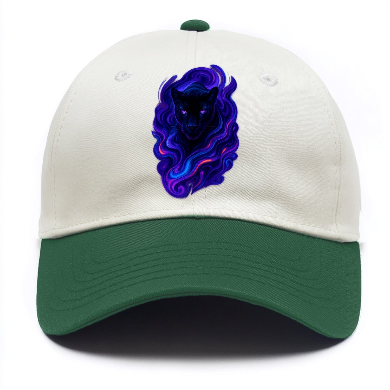 Sleek black panther emerging from swirls of deep purple and electric blue, - Two Tone Cap - Green