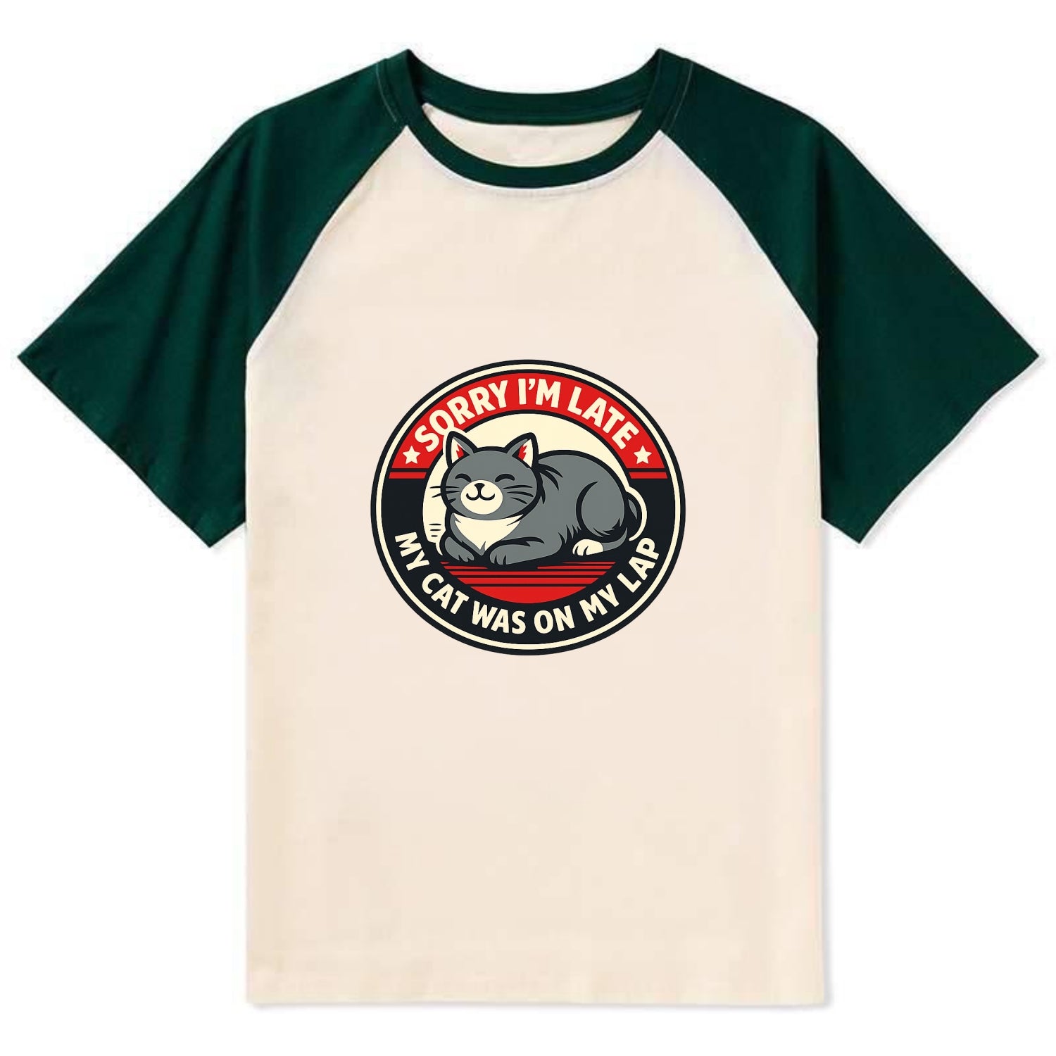 Charming Cat Loaf Excuse Emblem - Contrast Raglan T-shirt - Green