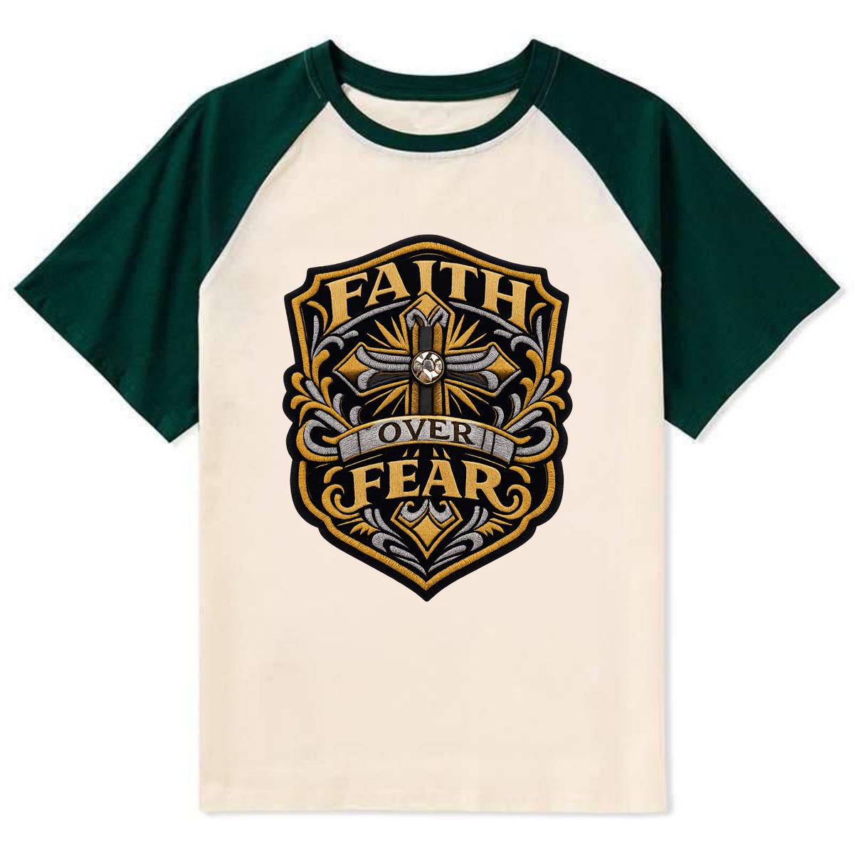 FAITH OVER FEAR - cross with text in gold , spiritual strength - Contrast Raglan T-shirt - Green