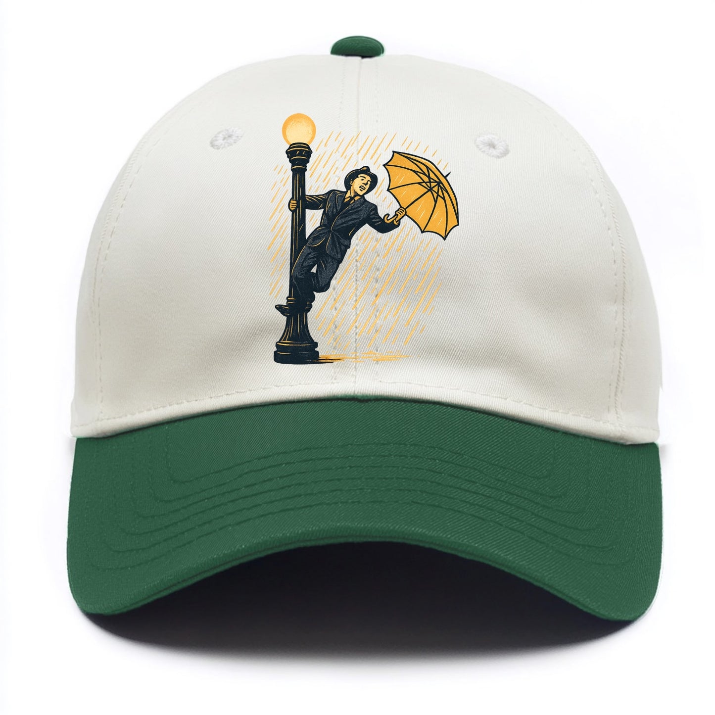 joyful dancing on lamppost in heavy rain with big smile - Two Tone Cap - Green