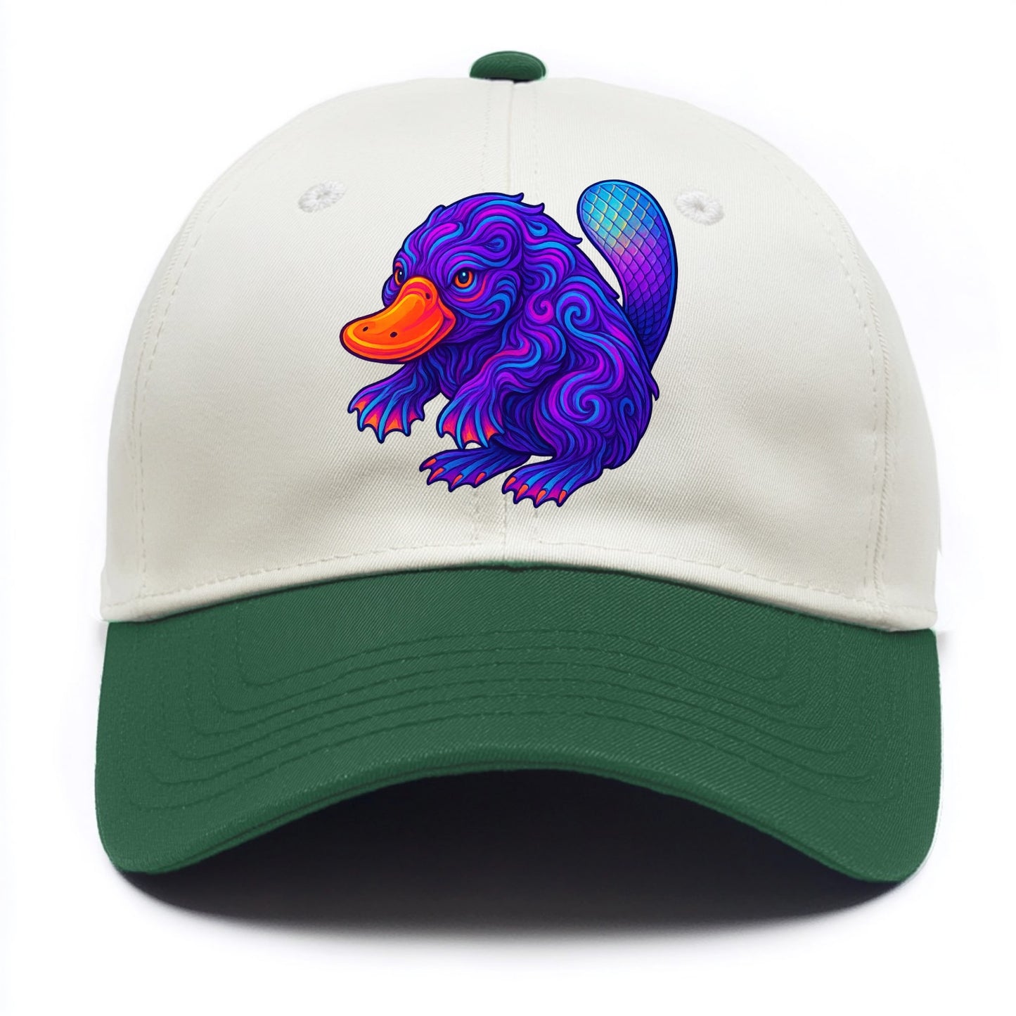 Quirky platypus with bill glowing in neon orange, beaver tail with holographic - Two Tone Cap - Green