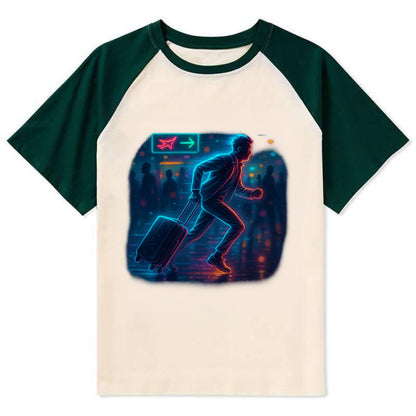 person running with luggage through crowded airport terminal - Contrast Raglan T-shirt - Green