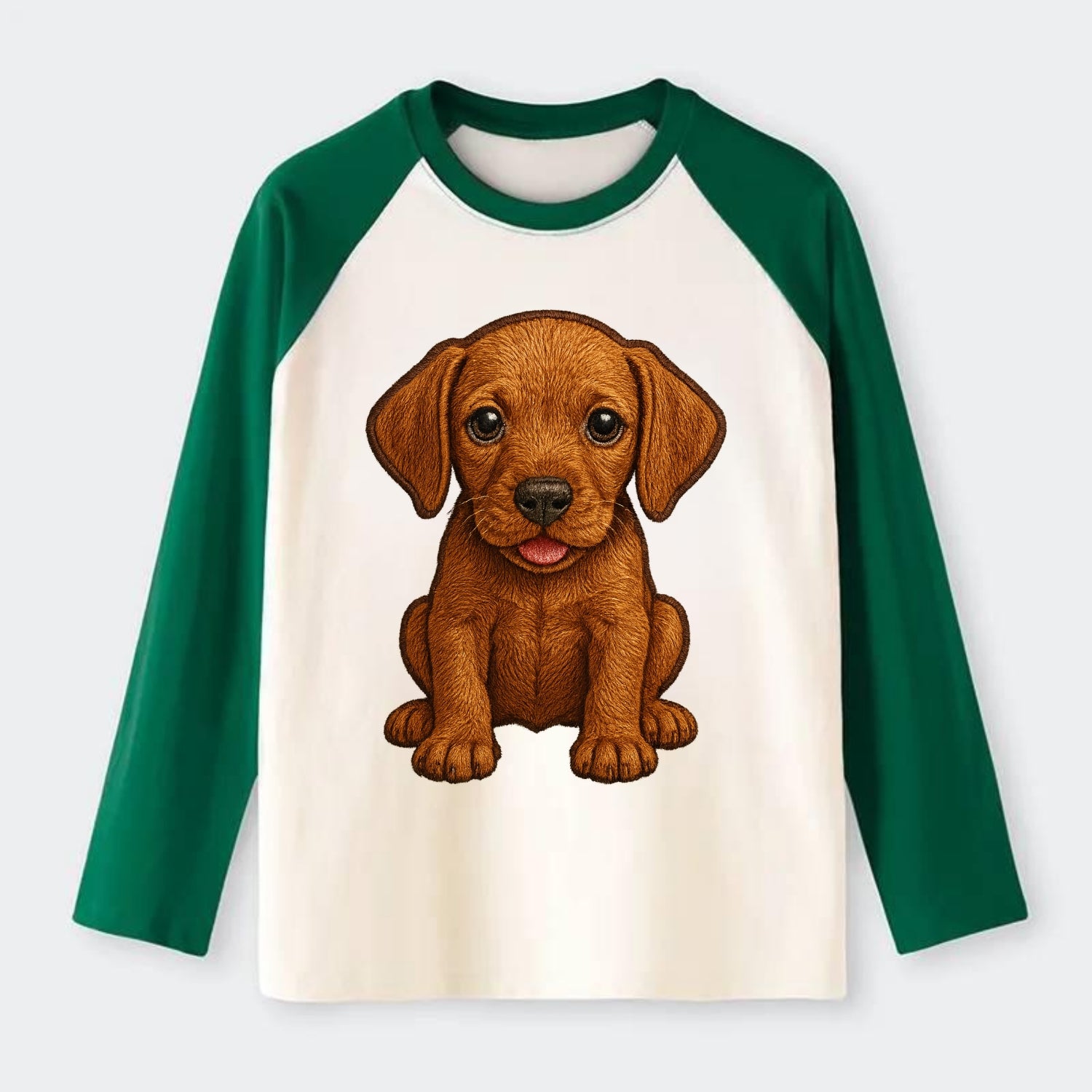 Baby Vizsla Puppy - golden rust coat, soulful eyes, athletic build, - Raglan Long Sleeve T-Shirt - Green